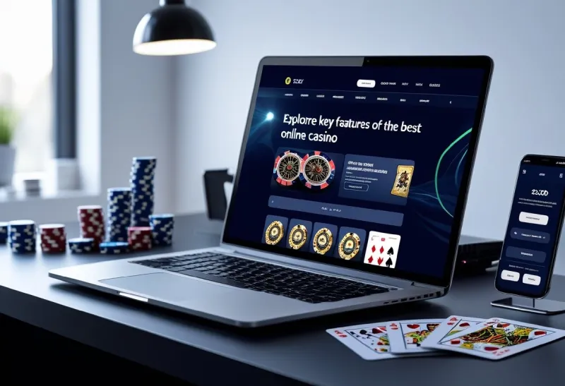 A laptop on a desk displaying an online casino interface surrounded by poker chips, playing cards, and a smartphone
